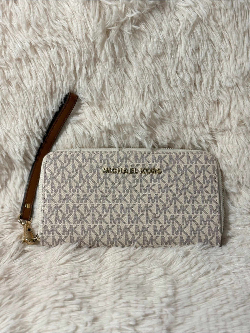 Michael Kors Cream MK Logo Zip Wristlet with Brown Strap